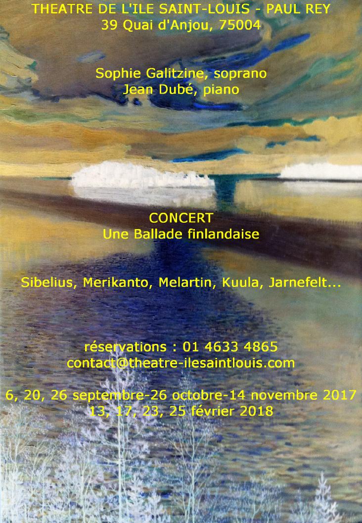Affiche. Paris. Concerts de musique finlandaise. Sophie Galitzine, soprano et Jean Dubé, piano. 2017-09-06